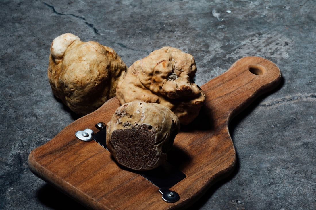 Frische italienische Trüffel auf Holzbrett mit Trüffelhobel – ideal für Pasta, Risotto oder Ei und Symbol für kulinarische Exklusivität