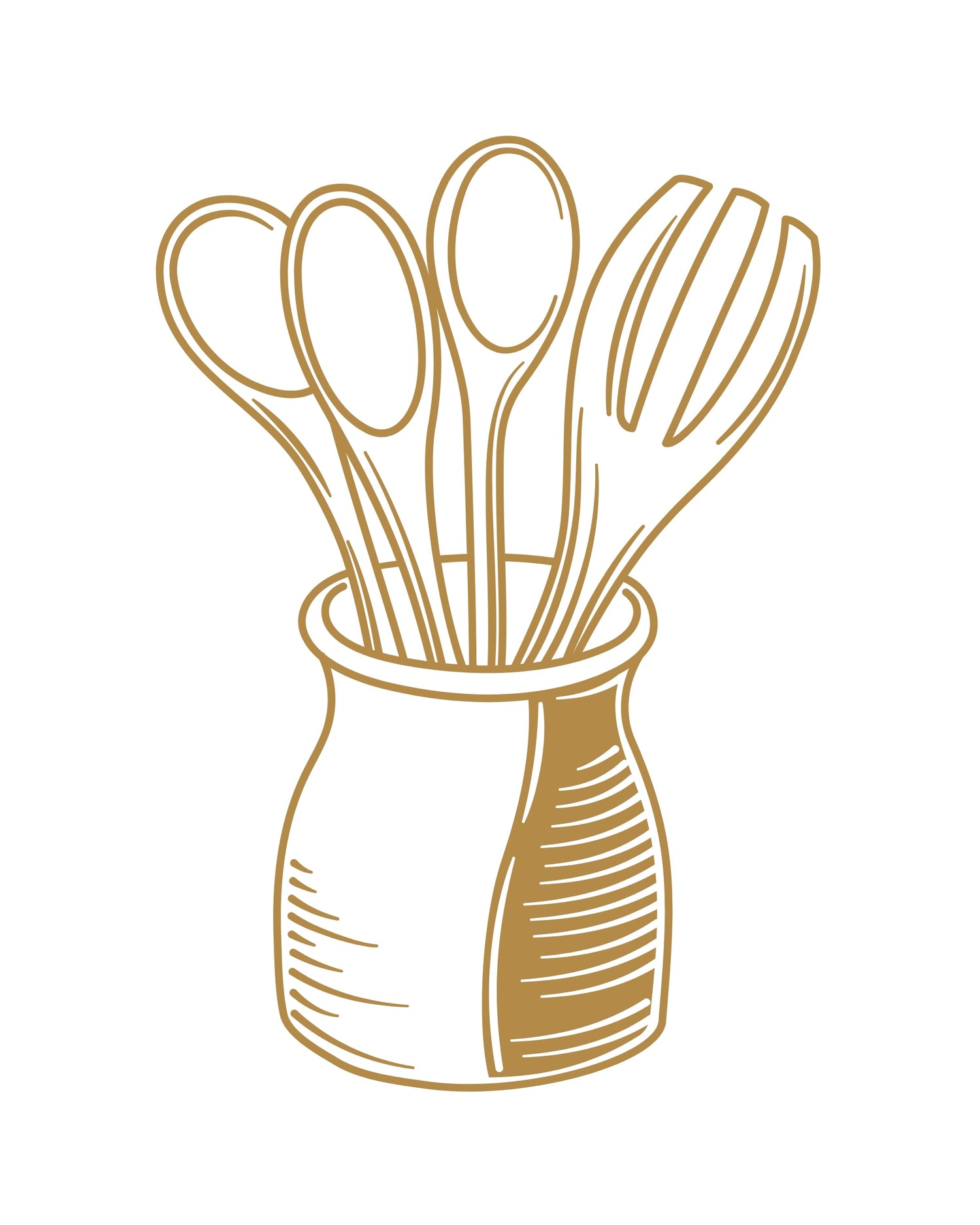 Illustration eines Keramikbehälters mit Kochutensilien – Symbolbild für die Zubehör-Kategorie im Pareto Shop, passend zu mediterranem Küchenstil.