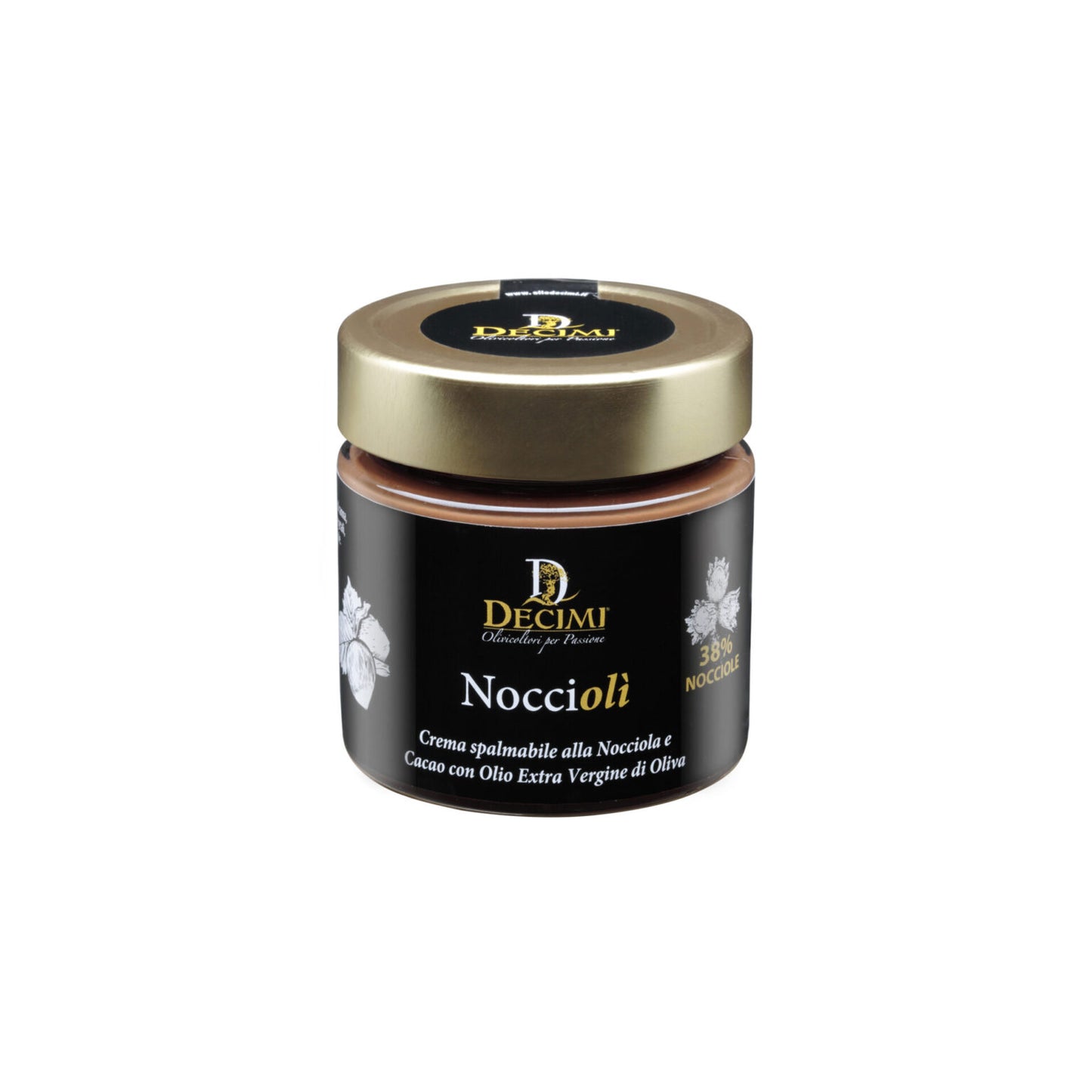 Decimi Noccioli – italienische Nuss-Nougat-Creme mit 38 % Haselnüssen und nativem Olivenöl extra in edlem Glas