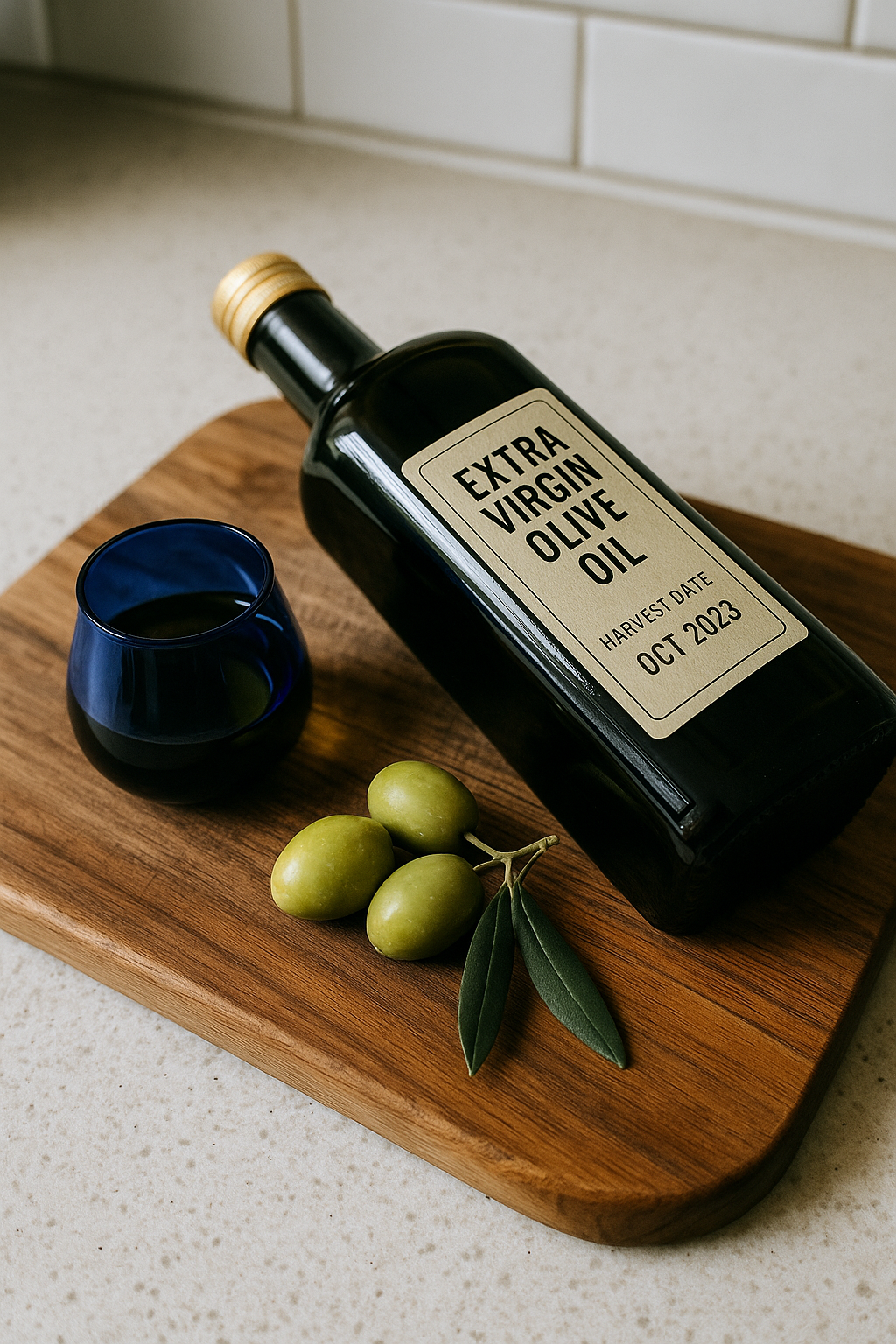 Dark-glass bottle of extra virgin olive oil with harvest-date label, blue tasting glass and fresh olives on rustic wooden board.