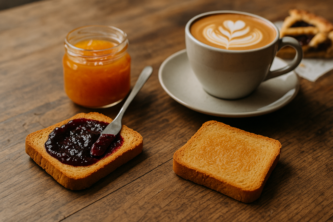 Italian breakfast: toasted fette biscottate with fig confettura, jar of orange marmellata and cappuccino on rustic wooden table.