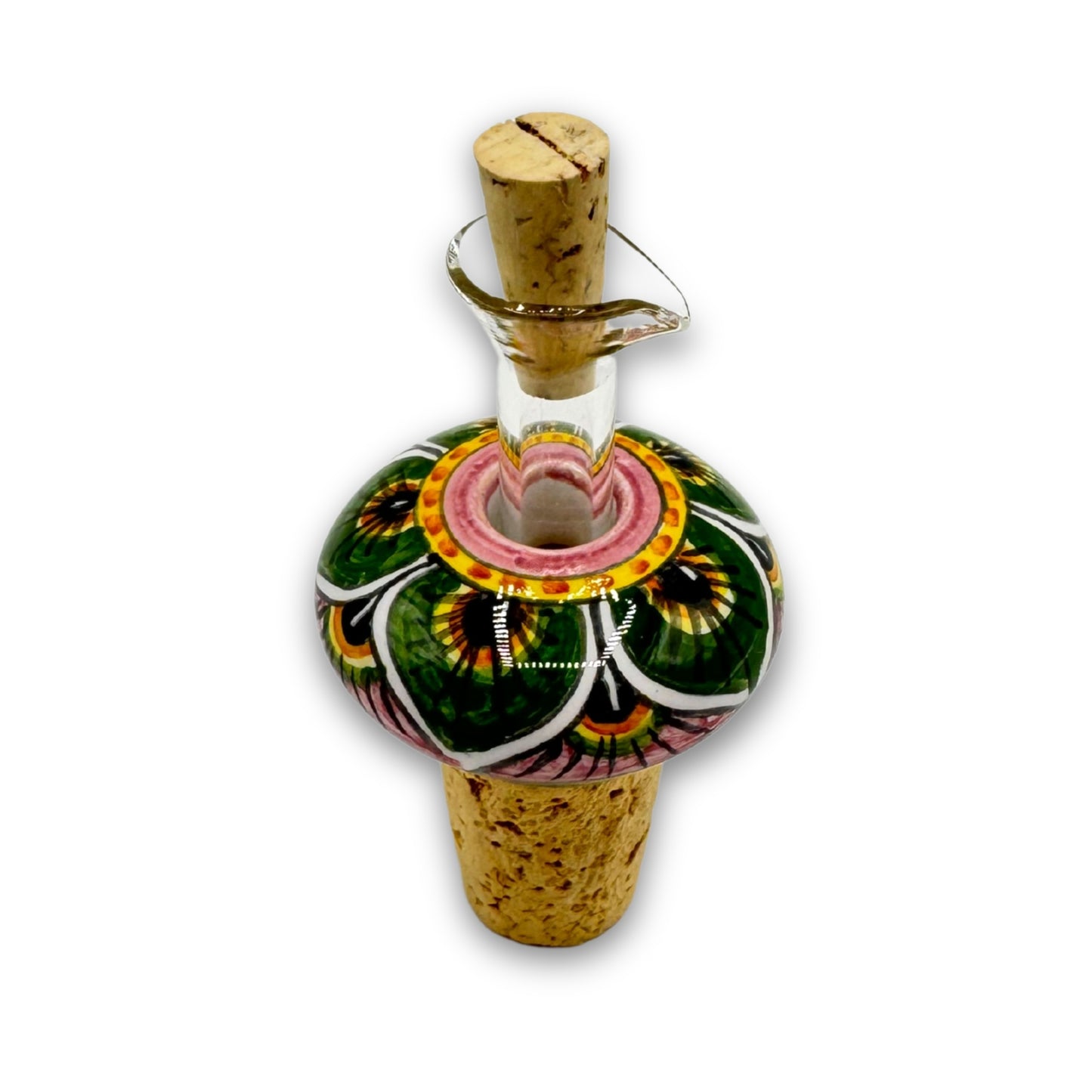 Keramik-Flaschenverschluss mit aufwendigem Blumenmuster in Dunkelgrün, Rosa und Gelb, handbemalt im italienischen Stil, inklusive Glasausgießer und Naturkork