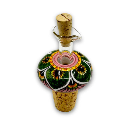 Keramik-Flaschenverschluss mit aufwendigem Blumenmuster in Dunkelgrün, Rosa und Gelb, handbemalt im italienischen Stil, inklusive Glasausgießer und Naturkork